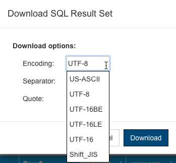 SOAtest and Virtualize with CTP 2021.2 > Working with SQL Data Sets > tda-sql-result-set-download-encoding-opts.png