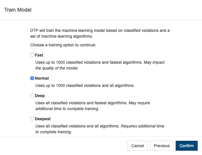 Parasoft DTP 2023.2 > Using the Machine Learning Feature - Predicting Violations to Fix > dtp-ml-train-model-modes-20211.png