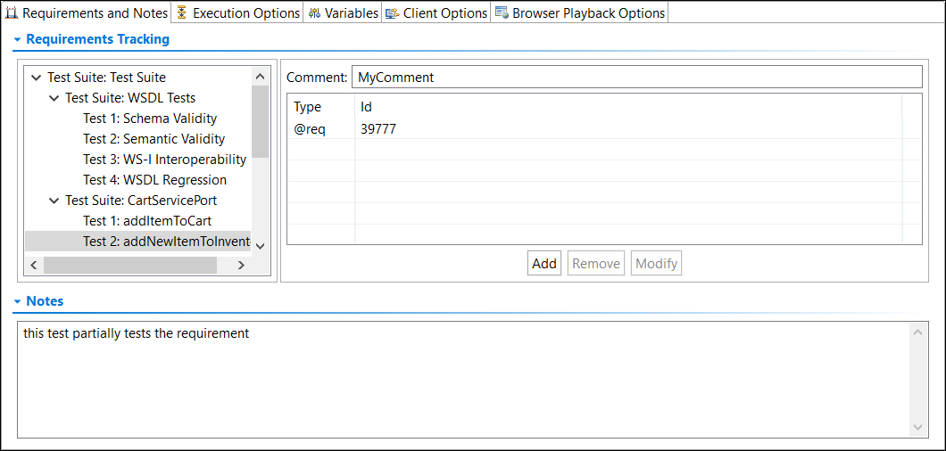 SOAtest and Virtualize with CTP 2025.1 > Configuring Test Suite Properties > requirements-and-notes-tab-w-requirement-added.png