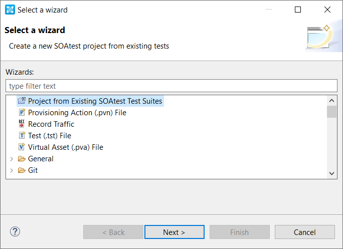 SOAtest and Virtualize with CTP 2025.1 > Load Test Tutorial > New-Project-wizard_File-New-Other_Project-from-Existing-shown.png
