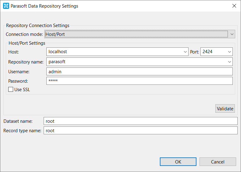 SOAtest and Virtualize 2025.1 > _Creating a Data Repository from Payload > Parasoft-Data-Repository-Settings-dialog.png
