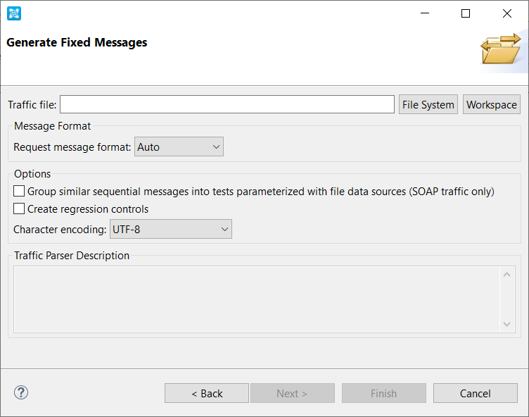 SOAtest 2025.1 > Creating Fixed Message Test Clients from Traffic > Generate-Fixed-Messages_dialog.png