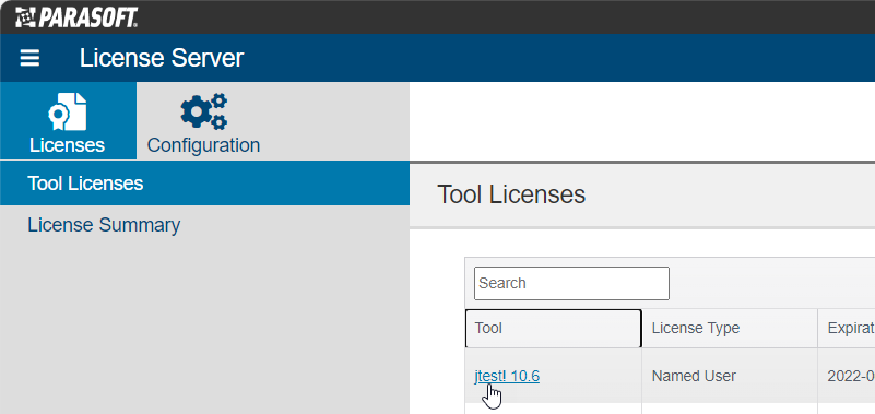 Parasoft License Server 2025.1 > Reserving Licenses > LS_Tools-License_click-tool-link_named-user.png