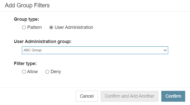 Parasoft License Server 2025.1 > Filtering License Access > Add-Group-Filters_User-Admin-enabled-dialog.png