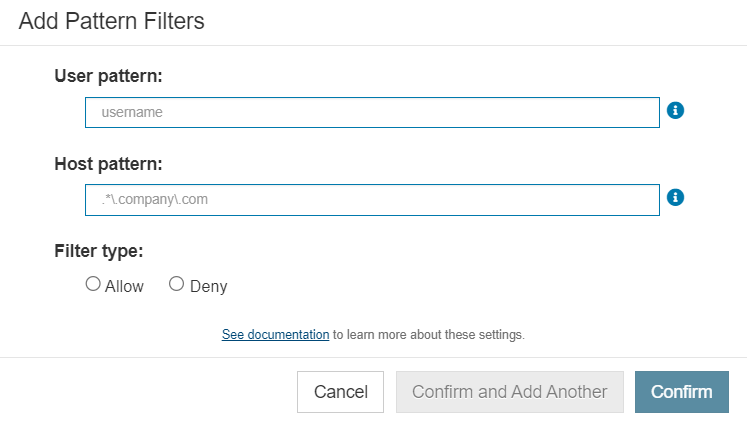 Parasoft License Server 2025.1 > Filtering License Access > Add-Pattern-Filters-dialog.png