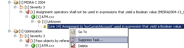 Parasoft C/C++test Professional 2025.1 (Eclipse) > Exercise 5 Suppressing Violations from the Quality Tasks view > image2023-5-24_12-30-9.png