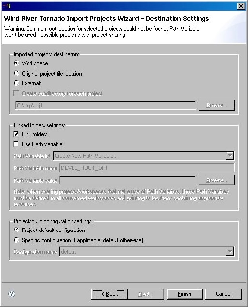 Parasoft C/C++test Professional 10.4.1 (Eclipse) > Using the Import Wizard in GUI Mode > wind river tornado import project wizard - destination setting.jpg