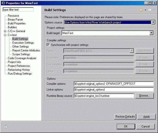 Parasoft C/C++test Professional 10.4.1 for Visual Studio (Japanese) > Testing Wind River Workbench Projects Directly > PropertiesForMemTest.jpg
