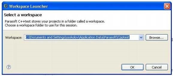 Parasoft C/C++test Professional 10.4.2 (Eclipse) > Variable Definitions > workspace launcer select a workspace.jpg