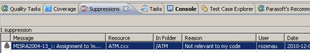 Parasoft C/C++test Professional 10.4.2 (Eclipse) > Exercise 5 - Suppressing Violations from the Quality Tasks view > MISRAEclipse.png