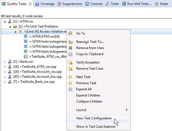 Parasoft C/C++test Professional 10.4.3 for Visual Studio (Japanese) > Reviewing Test Execution Results > cpptest-pro-view-test-config-from-qual-task-view-1040.png